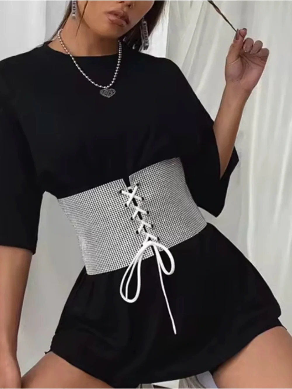 Gold Rhinestone Lace-Up Corset Waist Belt with White Tie